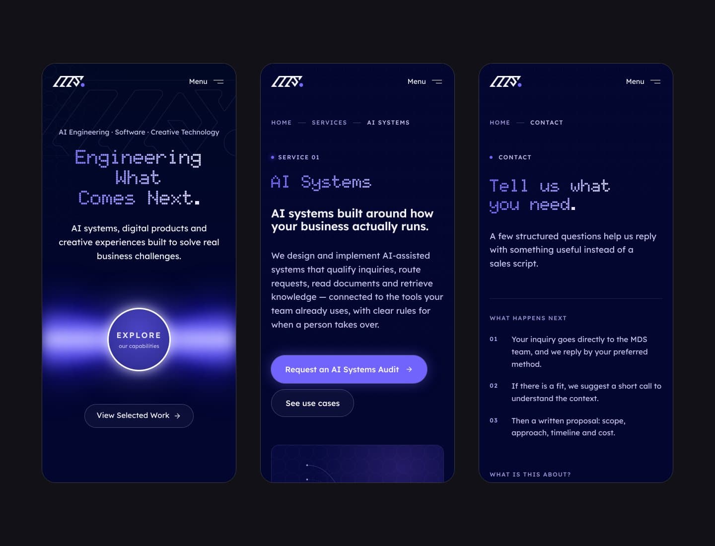 Three mobile screenshots of the MDS website: the homepage hero, the AI Systems service page and the contact page.